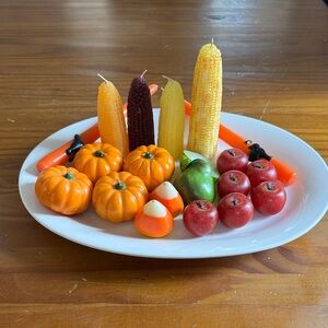 Autumn Decorative Candles with Mini Pumpkins, Fruit, and Cats